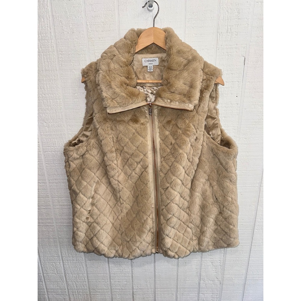Carmen Marc Valvo Vest Women Tan Faux Fur Diamond Quilted Zip Plus 1X